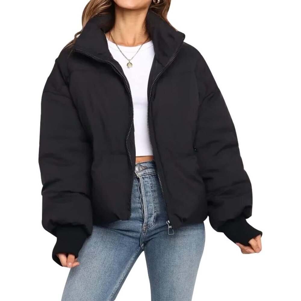 Women's Black Winter Cropped Puffer Jacket Coat Short Warm Quilted 2026